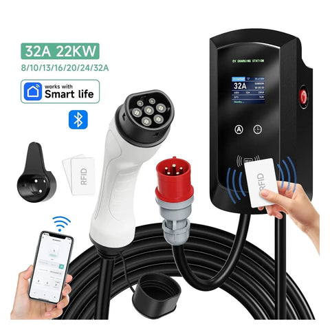Heavy Duty Ev Charger With Type Two Connector, 32A 22KW EV Charging Station with RFID and smartphone control.