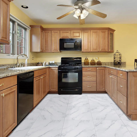 Kitchen with 48 Pack Peel And Stick Vinyl Floor Tiles 12 By 12 Inch Dope DIY Friendly Self Adhesive Waterproof Floor Tiles For Home Upgrade Bathroom Kitchen Bedroom Living Room White Marble Look Easy Install Removable With No Residue