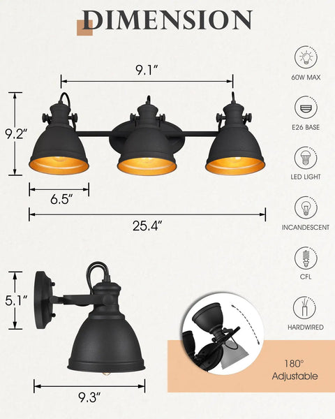 Dimensions of Dope Industrial 3 Light Vanity Lamp For Bathrooms Wall Mounted Vanity Light Fixture With Black Metal Frame Model AD21523W