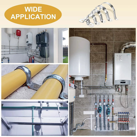 Image showing Heavy Duty 24 Pack 10mm 304 Stainless Steel Rigid Pipe Straps U Brackets installed on various pipes and supports.