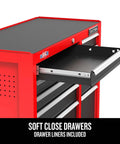 41 Inch Rolling Tool Chest With 10 Drawers And Soft Close Full Extension Slides, red steel, embossed top mat, USA made
