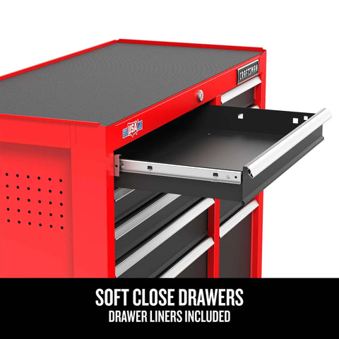 41 Inch Rolling Tool Chest With 10 Drawers And Soft Close Full Extension Slides, red steel, embossed top mat, USA made