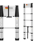 10.5 Ft Aluminum Telescoping Ladder With One Button Retraction Collapsible Extension For Home RV Attic And Loft Supports Up To 330 Lbs With Non Slip Cushions Lightweight And Easy To Carry, folded and extended