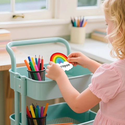 Child holding 120 Rainbow Name Plates For Classroom Desks Colorful Rainbow Students Name Tags Self Adhesive Locker Labels