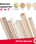 Unfinished Square Wood Dowels 36 Inches Long Pack Of Nine Smooth Sanded Hardwood Craft Sticks with varying diameters from 1/8 to 2 inches.