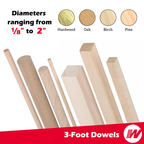 Unfinished Square Wood Dowels 36 Inches Long Pack Of Nine Smooth Sanded Hardwood Craft Sticks with varying diameters from 1/8 to 2 inches.