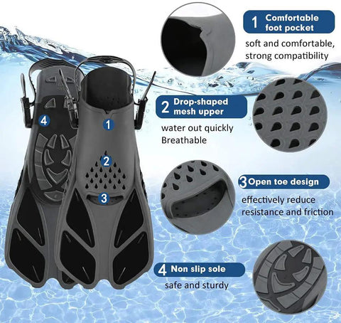 Open Heel Snorkel Fins With Adjustable Buckles For Easy On Off Travel Size Short Flippers For Snorkeling Swimming And Scuba Diving Lightweight Diving Fins With Mesh Bag For Adults Women Men And Kids, featuring design details and materials
