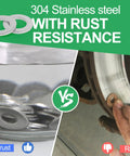 Zernmiarder stainless steel flat washers, 1 in ID, 2 in OD, 304, pack of 5; front view and installed on brake rotor
