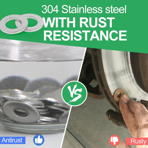 Zernmiarder stainless steel flat washers, 1 in ID, 2 in OD, 304, pack of 5; front view and installed on brake rotor