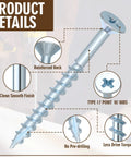 Tough As Nails Flat Head Zinc Coated Steel Screws for Particle Board and Cabinet Hinges highlighted with details on design features.