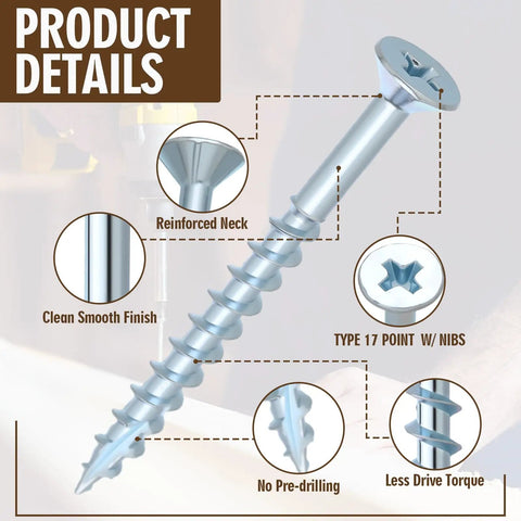 Tough As Nails Flat Head Zinc Coated Steel Screws for Particle Board and Cabinet Hinges highlighted with details on design features.