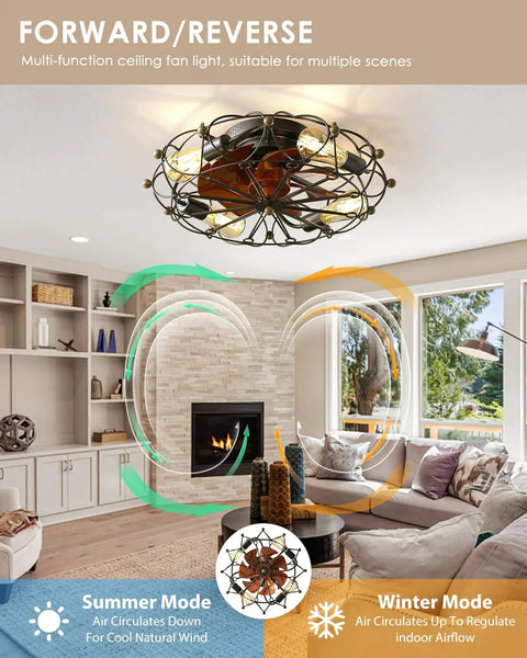 Caged Ceiling Fan With Light Remote Control 5 Bulbs 6 Speeds 20 Inch Black in farmhouse living room with reversible blades.