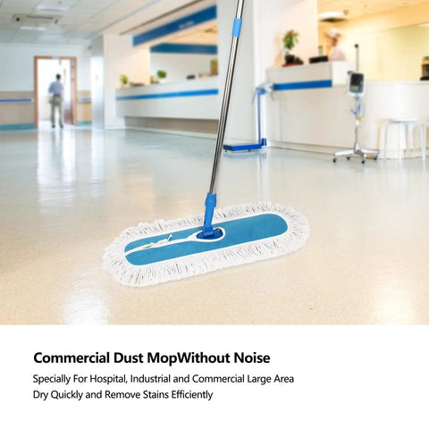 Heavy Duty 24 Inch Commercial Dust Mop With Long Swivel Handle For Wet And Dry Cleaning on a shiny floor.