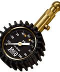 JACO Elite Tire Pressure Gauge, brass body with knurled grip and black 0-100 psi dial.