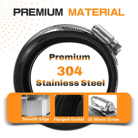 Heavy Duty 6 Inch No Hub Couplings 50 Pack 304 Stainless Steel DWV Pipe Connectors with flanged gasket and smooth edge.