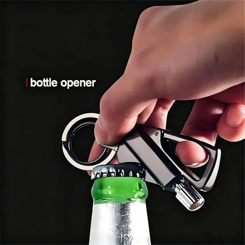 Hand using Ultimate Reusable Waterproof Survival Lighter With Multitool Keychain And Bottle Opener For Outdoor Camping Hiking And Emergency Kits