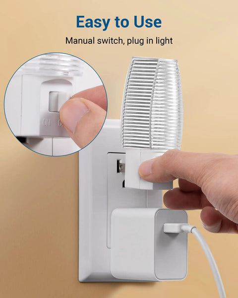 Plug In Night Light With Switch For Kids And Nursery Rooms Four Pack Kid Friendly Soft 3000K Warm White LED Night Lights shown being plugged into wall socket.