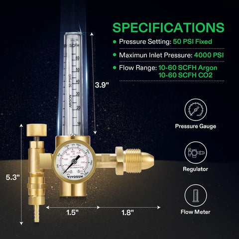 Front view of VIVOSUN brass argon/CO2 regulator with flow meter and pressure gauge (CGA580 inlet)