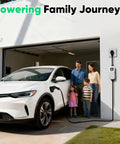Family standing by a white electric vehicle charging with a 40 Amp Level 2 Ev Charger Home Charging Station With 240 V Nema 14 50 Plug Lcd Display 21 Ft Cord Outdoor Rated Sae J1772 Compatible Hassle Free Plug Play Snappy Juice Charge.