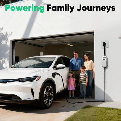 Family standing by a white electric vehicle charging with a 40 Amp Level 2 Ev Charger Home Charging Station With 240 V Nema 14 50 Plug Lcd Display 21 Ft Cord Outdoor Rated Sae J1772 Compatible Hassle Free Plug Play Snappy Juice Charge.