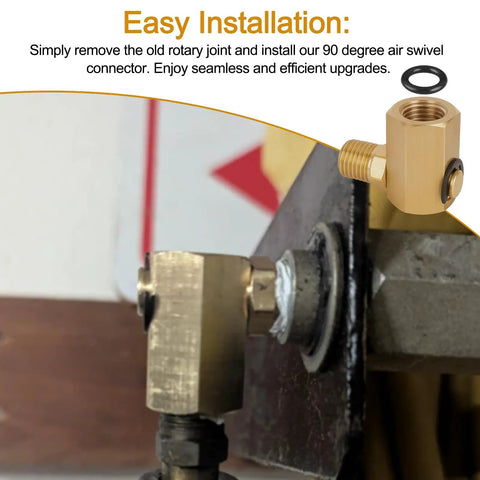 90 Degree Brass Air Swivel Fitting For Air Hose Reels, 1 Quarter FPT To 1 Quarter MPT Connector, Beefy 5000 PSI Sprung Swivel Joint For Heavy Duty Lines And Hoses installed on air hose reel