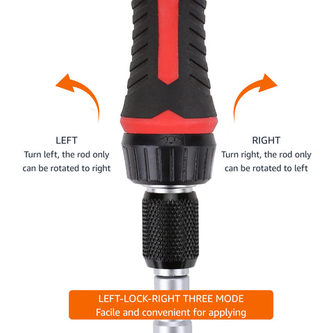 Close-up view of Magnetic Ratcheting Wrench And Electronics Precision Screwdriver Tool Set showing left-lock-right mode settings.