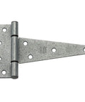 Extra Heavy Duty Galvanized T Hinge Built Like A Boss Offset Holes Prevent Wood Stripping Smooth Install Indoors Or Outdoors Weatherguard Steel Hardware That Slaps close-up view of hinge with offset holes.