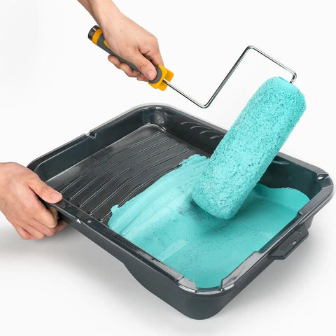 Person using Six Pack Nine Inch Lambswool Paint Roller Covers With Three Quarters Inch Nap High Capacity Fits US Standard Nine