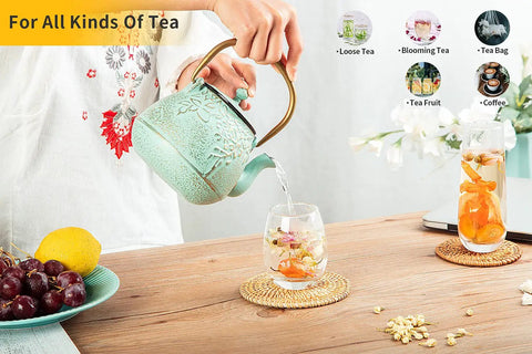 Cast Iron Teapot With Stainless Steel Infuser For Stovetop Brewing, 32 Oz Capacity, Enamel Interior, Leaf Design, Light Green