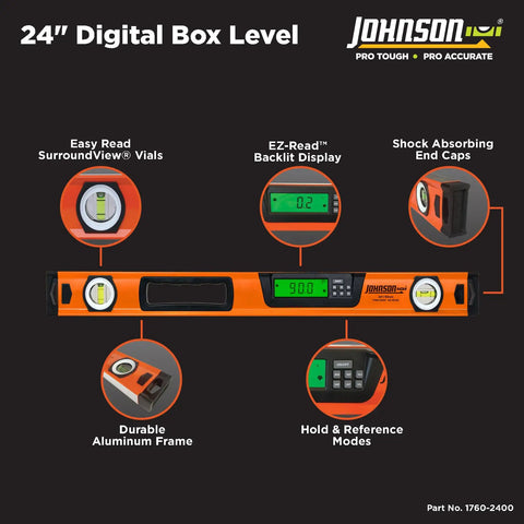 Digital Box Level 24 Inch With High Accuracy Plus 0.1 Degree Readout, Orange Construction Tool with backlit display and vials