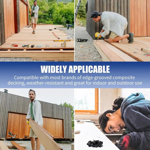 Hidden Deck Starter Clips For Grooved Composite Decking With Fifty Invisible Edge Fasteners For Slick Perimeter Install And Zero Exposed Screw Holes On Your Next Super Tight Deck Build in action with workers installing decking.