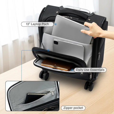 HanTrip 16-inch underseat black softside luggage with wheels; front pocket holds a 13-inch laptop and zippered organizer with wallet.
