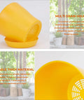 16 Pack 4 Inch Plastic Flower Pots Thickened Seedling Nursery Pots With Pallet Included in yellow showing drainage holes
