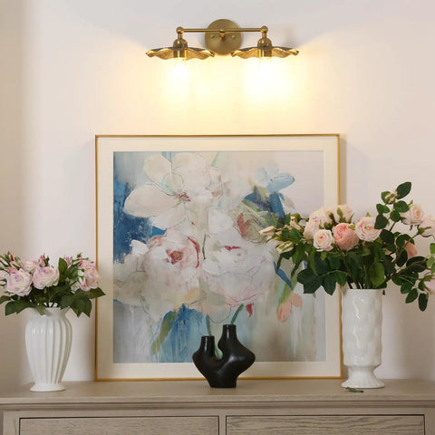 Two-Head Brass Wall Sconce Light With Flower Design Vintage Mid Century Style Vanity Lamp for bathroom above artwork and flowers