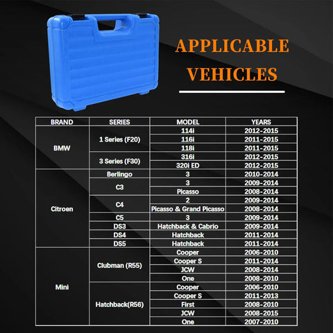 Camshaft Alignment Timing Tool Kit For BMW Mini Cooper N12 N13 N14 N16 N18 Engines And Peugeot Citroen, compatibility chart displayed