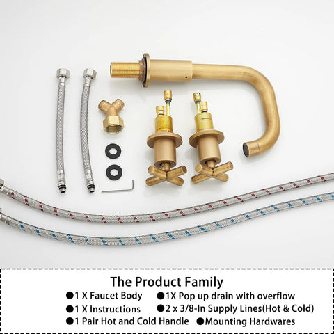 Antique Brass Two Handle Widespread Bathroom Faucet With 3 Holes And 360 Degree Swivel Spout Pop Up Drain Cold And Hot Water Mixer