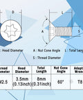Diagram of Ten Piece Set Of M2 X 8mm Grade 12.9 Torx Screws with dimensions and wrench specifications.