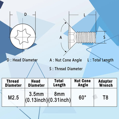 Diagram of Ten Piece Set Of M2 X 8mm Grade 12.9 Torx Screws with dimensions and wrench specifications.