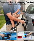 Smart Wifi EV Charger With App Control, Adjustable 8 To 16 Amperes, Quick Timer, Dual Voltage Ready, 25 Feet J1772 Cord charging car while man holds child.