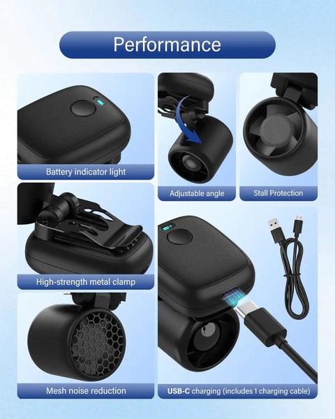 Close-up of Featherlight Clip On Fan For Outdoor Cooling On The Go Ultra Lightweight 2oz USB C Rechargeable Portable Face Cooling