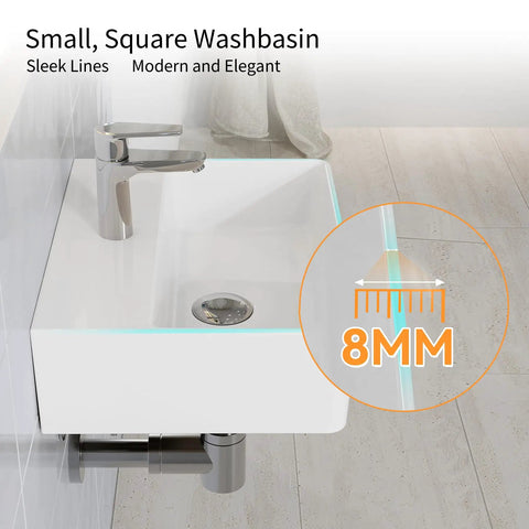 Small Bathroom Wash Basin Sink White 40x30x12cm｜Slim Ed & Sto Led Design top view with modern faucet and 8mm edge detail.