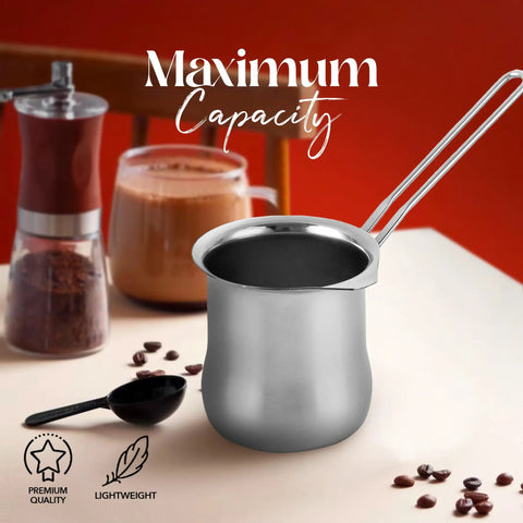 Stainless Steel Coffee Warmer 22oz With Ergonomic Hanging Handle For Turkish And Greek Coffee Lovers on kitchen table