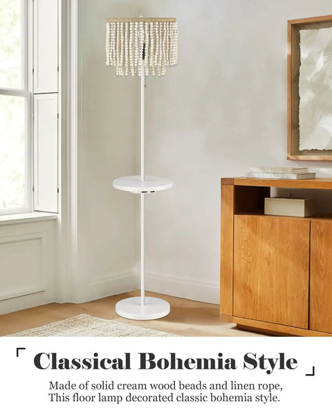 Cozy Boho Birch Wood Beaded Floor Lamp With USB Type C Port And Outlet, 58 Inch Tall Reading And Side Table Lamp in a room