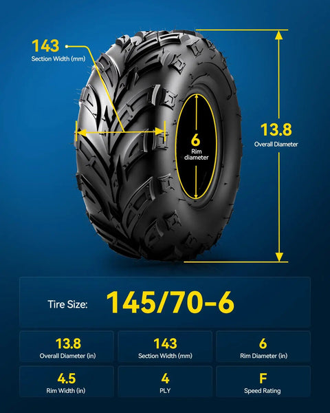 Detailed view of 145/70-6 ATV UTV Go Kart Tires, 4-Ply Mud-Ready All-Terrain Off-Road Tires Set of 2 for Tough Trails and High Grip Performance.