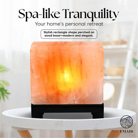 Himalayan Salt Lamp Rectangle In Natural Pink Rock With Wood Base Dimmable Cord Night Light on table for spa-like tranquility