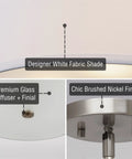 Three Light Drum Pendant Chandelier With White Fabric Shade Brushed Nickel Finish Tempered Glass Diffuser details