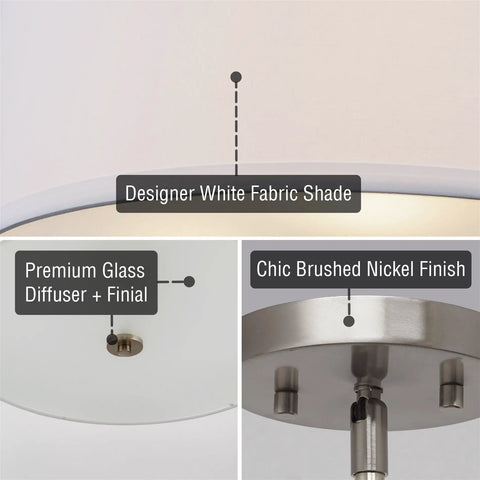Three Light Drum Pendant Chandelier With White Fabric Shade Brushed Nickel Finish Tempered Glass Diffuser details