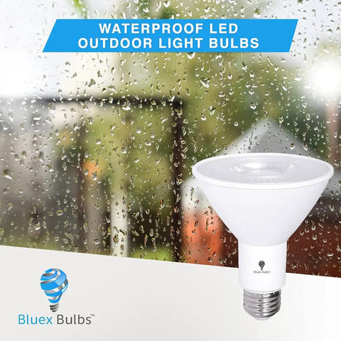 Two Pack PAR30 Outdoor LED Flood Light Bulbs, 12W, 100W Equivalent, 900 Lumens, Dimmable, Waterproof, E26 Base, displayed by window