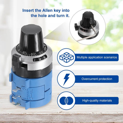 Two Pack 3590S-2 201L 200 Ohm Rotary Potentiometer with knob and Allen key illustration.