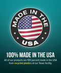 Badge stating 'Made in the USA' with American flag design, highlighting products made from recycled plastics at Texas facility.